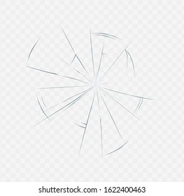 Realistic cracked glass texture isolated on white transparent background. Broken surface crack effect in spider web shape, daylight vector illustration.