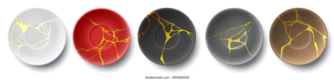 Realistic cracked plates with luxury kintsugi golden design. Japanese broken effect, marble texture. Plate with gold mosaic crack vector set. Illustration of kintsugi plate, glitter pattern break