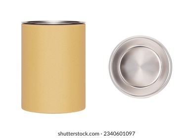 Realistic craft beige cylindrical cardboard box with silver lid isolated from background. Top view of the metal cover. Gift paper tube template for tea, coffee, perfume. Mockup for branding