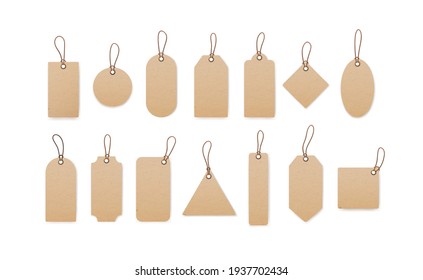 Realistic craft carton paper price tags of different shapes isolated on white background. Blank cardboard shopping labels with strings. Vector illustration of empty sale kraft tabs hanging on twine