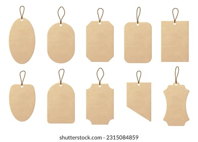Realistic craft carton paper price tags of different shapes. Shopping paper labels with rope. Sale tags and labels