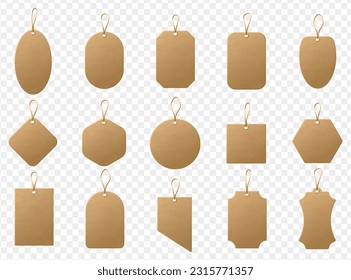 Realistic craft carton paper price tags of different shapes. Shopping paper labels with rope. Sale tags and labels