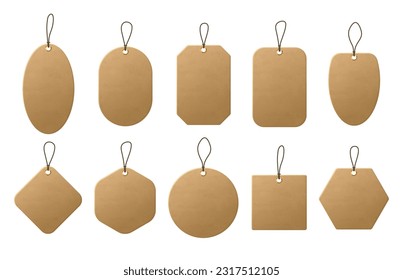 Realistic craft carton paper price tags of different shapes. Shopping paper labels with rope. Sale tags and labels