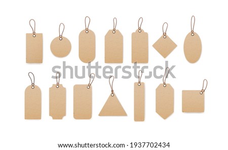 Realistic craft carton paper price tags of different shapes isolated on white background. Blank cardboard shopping labels with strings. Vector illustration of empty sale kraft tabs hanging on twine