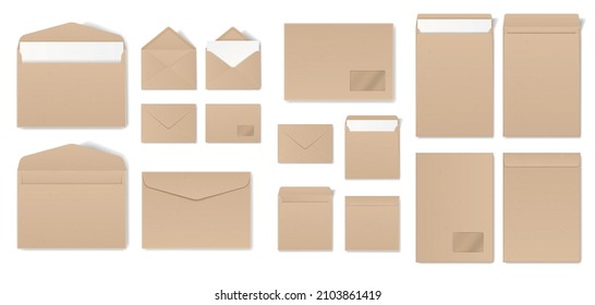 Realistic craft envelope with letters, open and closed envelopes mockups. Paper mail holder in different sizes, letter packaging vector set. Objects for correspondence and business documents