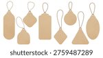 Realistic craft paper labels set on string. Blank price tags and branding card mockups in round, square, rectangular, oval and rhombus shapes. Vector kraft carton tags isolated on transparent background