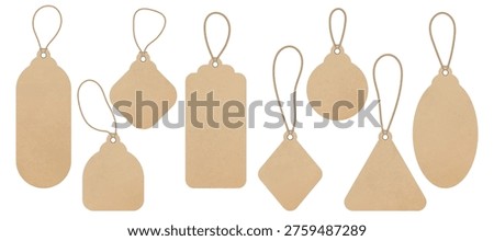 Realistic craft paper labels set on string. Blank price tags and branding card mockups in round, square, rectangular, oval and rhombus shapes. Vector kraft carton tags isolated on transparent background