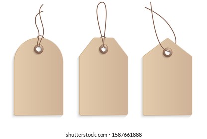 Realistic craft paper price tag stock vector illustration. Cardboard label, paper sale tags mockup blank labels template shopping gift empty stickers with ropes tags vector set.