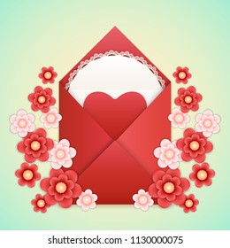 Realistic Craft red Envelope with red paper Heart, white napkin with lace frame and paper craft red and pink flowers isolated on a background. Template for romantic love letter