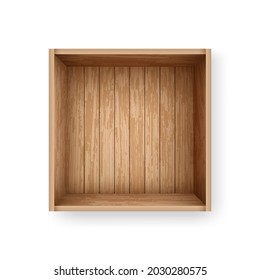 Cajón realista hecho de tablas viejas para el almacenamiento. Caja de madera vacía con vista superior. Plantilla de simulación de caja de carga abierta.