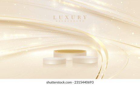 Realistic cream 3d podium pedestal with gold curve on back and light effect decoration and bokeh. Vector illustration.