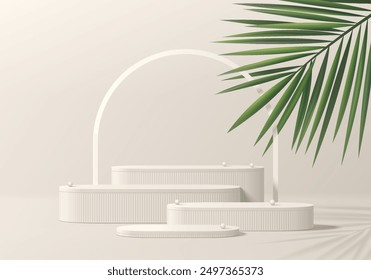 Realistic cream 3D round podium set background with palm leaf, Arch frame backdrop. Minimalist mockup pedestal, Abstract product display presentation, Stage showcase. Platforms vector geometric design