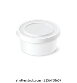 Realistic cream cheese container with lid, 3d vector illustration isolated on white background. Plastic package mockup for food or cosmetics. Blank pot of butter or margarine.