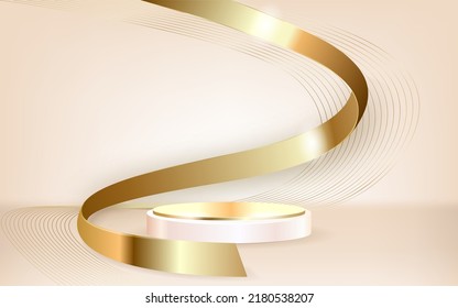 Realistisches Creme-Farbpodium mit goldenem Band-Elementen mit glatterem Lichteffekt. Luxuriöses Banner-Hintergrunddesign.