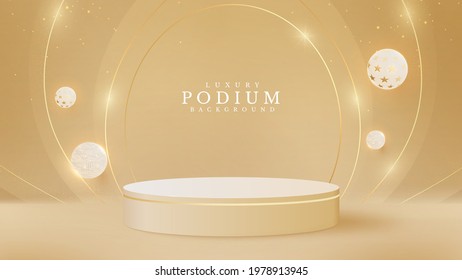 Realistic cream color product podium with balloon and gold ribbon around. Luxury 3d style background concept. Vector illustration for promoting sales and marketing.