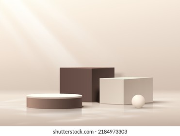 Realistic cream cube and brown cylinder pedestal podium set in abstract 3D background. Minimal wall scene for mockup products stage for showcase, Promotion display. Vector geometric forms design.