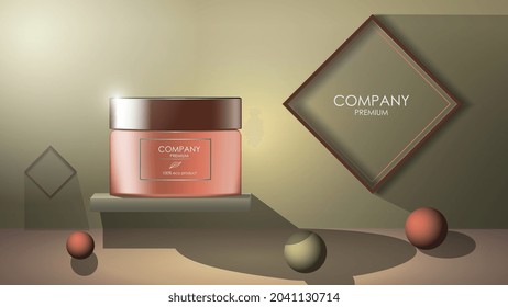 Realistic cream jar with balls on floor and frames on wall in 3d style, banner with copy space for cosmetology and skincare. Advertisement layout beauty product. Vector illustration.