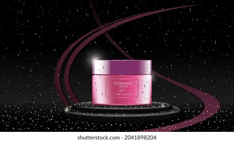 Realistic cream jar on pedestal with sequins on black background, banner with copy space for cosmetology and skincare. Advertisement layout beauty product. Vector illustration.