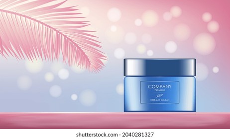 Realistic cream jar with palm leaf and glares, banner with copy space for cosmetology and skincare in blue and pink. Advertisement layout beauty product. Vector illustration.