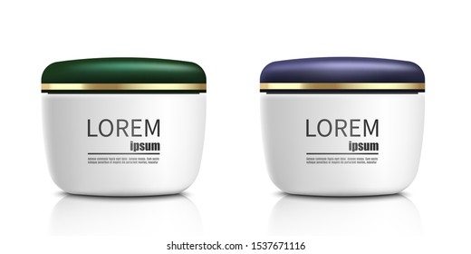 Realistic cream jar set with text template for packaging label, isolated white plastic container duo with green and purple lid with golden lining - luxury beauty product mockup vector illustration