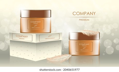 Realistic cream jars with feathers, banner with copy space for cosmetology and skincare on glare background. Advertisement layout beauty product. Vector illustration.