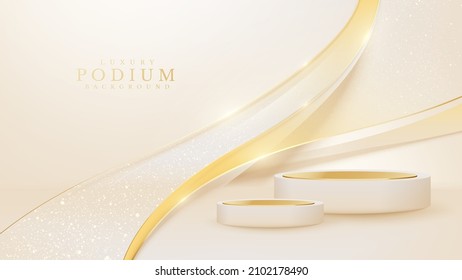 Realistic Cream Podium With Elegant Golden Curve Decoration And Glitter Light Effect.