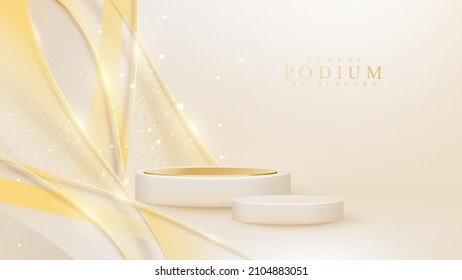 Realistic Cream Podium With Elegant Golden Curve Decoration And Glitter Light Effect.