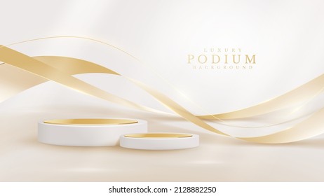 Realistic cream podium with elegant golden curve decoration and glitter light effect.