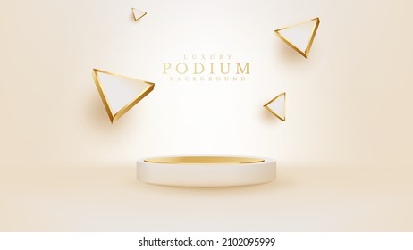 Realistic cream podium with golden triangles. Elegant style background design.