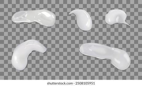 Textura crema realista. Frotis de muestras de crema. Forma diferente de frotis. Conjunto de muestras blancas aisladas de fondo transparente. Crema para el cuidado de la piel. Ilustración vectorial.