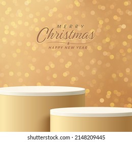 Realistic cream and white 3D stand podium with merry christmas luxury golden festival bokeh scene. Gold and yellow bokeh lights background. Blurred abstract bokeh. Holiday glowing lights with sparkles