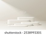 Realistic cream3D round podium set background with beads ball, Window light scene. Minimalist mockup pedestal, Abstract product display presentation, Stage showcase. Platforms vector geometric design.