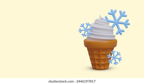 Realistic creamy ice cream in waffle cone, snowflakes. Cooling sweets, dessert