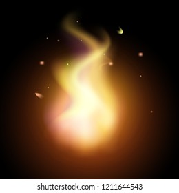 Realistic creative hot vector fire flames or blaze bonfire on dark background. Orange and yellow campfire in the night isolated on black background