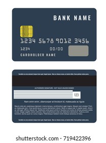 Realistic credit card with a chip front and back side view mock up. Illustrated vector