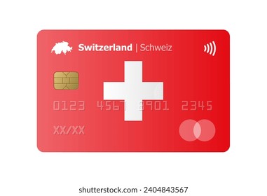 Realistic credit card with flag and map of Switzerland isolated on white background. Vector illustration, mockup. Bank of Switzerland