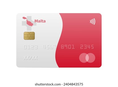 Realistische Kreditkarte mit Flagge und Karte von Malta einzeln auf weißem Hintergrund. Vektorgrafik, Muster. Bank von Malta