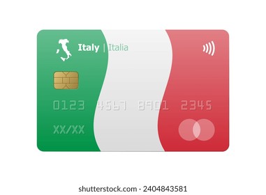 Realistic credit card with flag and map of Italy isolated on white background. Vector illustration, mockup. Bank of Italy