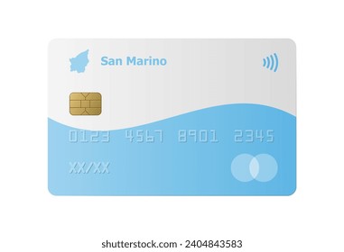 Realistic credit card with flag and map of San Marino isolated on white background. Vector illustration, mockup. Bank of San Marino