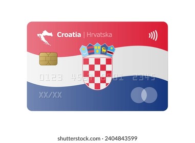 Realistic credit card with flag and map of Croatia isolated on white background. Vector illustration, mockup. Bank of Croatia