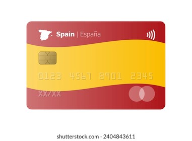 Realistic credit card with flag and map of Spain isolated on white background. Vector illustration, mockup. Bank of Spain