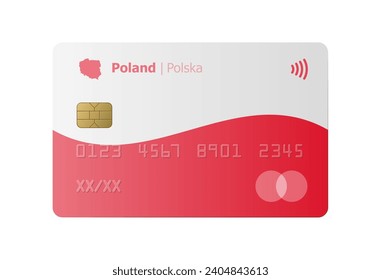 Realistic credit card with flag and map of Poland isolated on white background. Vector illustration, mockup. Bank of Poland