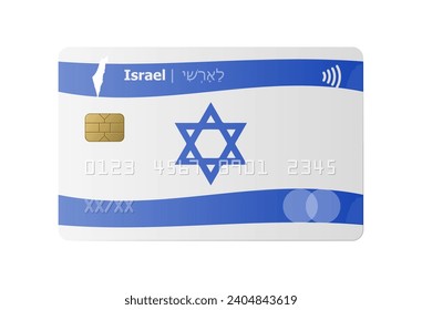 Realistische Kreditkarte mit Flagge und Karte von Israel einzeln auf weißem Hintergrund. Vektorgrafik, Muster. Bank von Israel