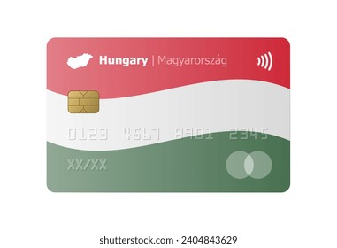 Realistic credit card with flag and map of Hungary isolated on white background. Vector illustration, mockup. Bank of Hungary