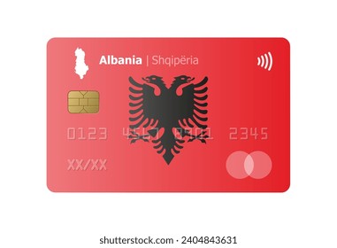 Realistic credit card with flag and map of Albania isolated on white background. Vector illustration, mockup. Bank of Albania