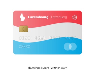 Realistic credit card with flag and map of Luxembourg isolated on white background. Vector illustration, mockup. Bank of Luxembourg