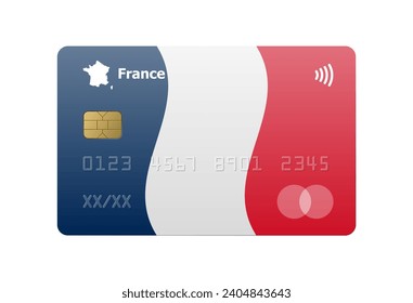 Tarjeta de crédito realista con bandera y mapa de Francia aislado en fondo blanco. Ilustración vectorial, burla. Banco de Francia