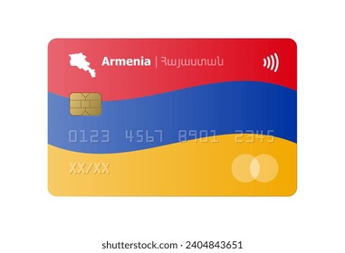Realistic credit card with flag and map of Armenia isolated on white background. Vector illustration, mockup. Bank of Armenia