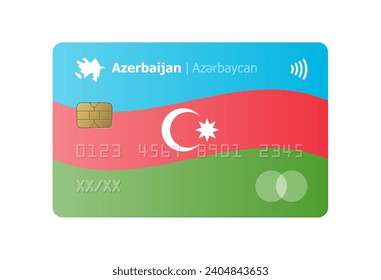 Realistic credit card with flag and map of Azerbaijan isolated on white background. Vector illustration, mockup. Bank of Azerbaijan