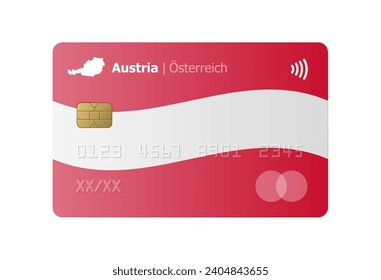 Realistic credit card with flag and map of Austria isolated on white background. Vector illustration, mockup. Bank of Austria